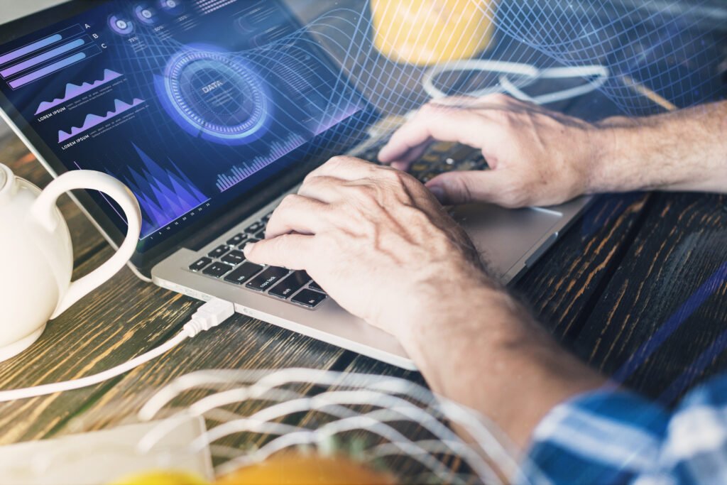 Representação visual de inteligência artificial e automação digital conectando dados e processos para otimizar negócios.
